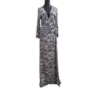 Boden Paisley Maxi Wrap Dress Black White Long Sleeve Boho Women US 10 classic